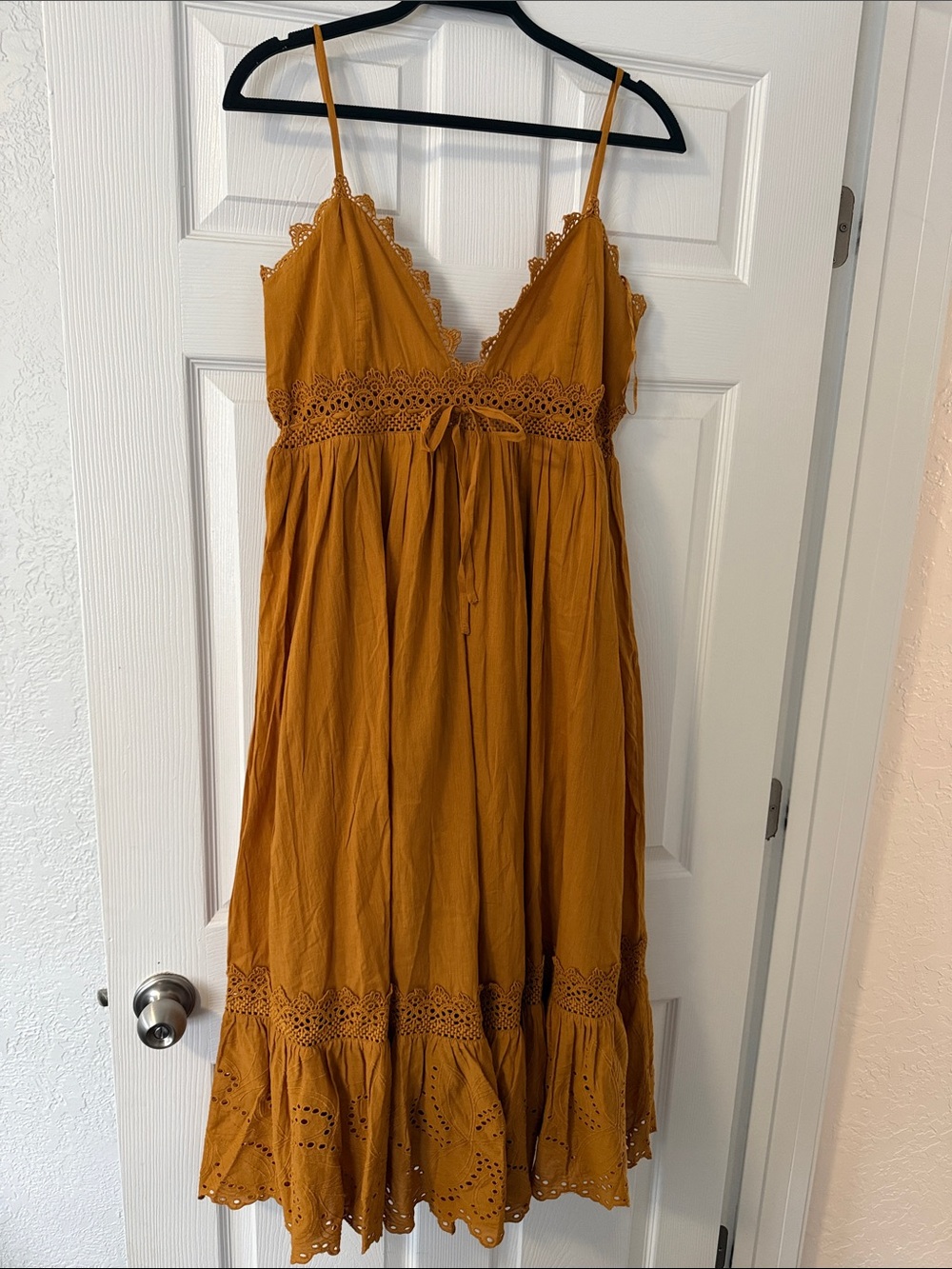 Roxy Mustard Crochet-Trim Midi Sundress